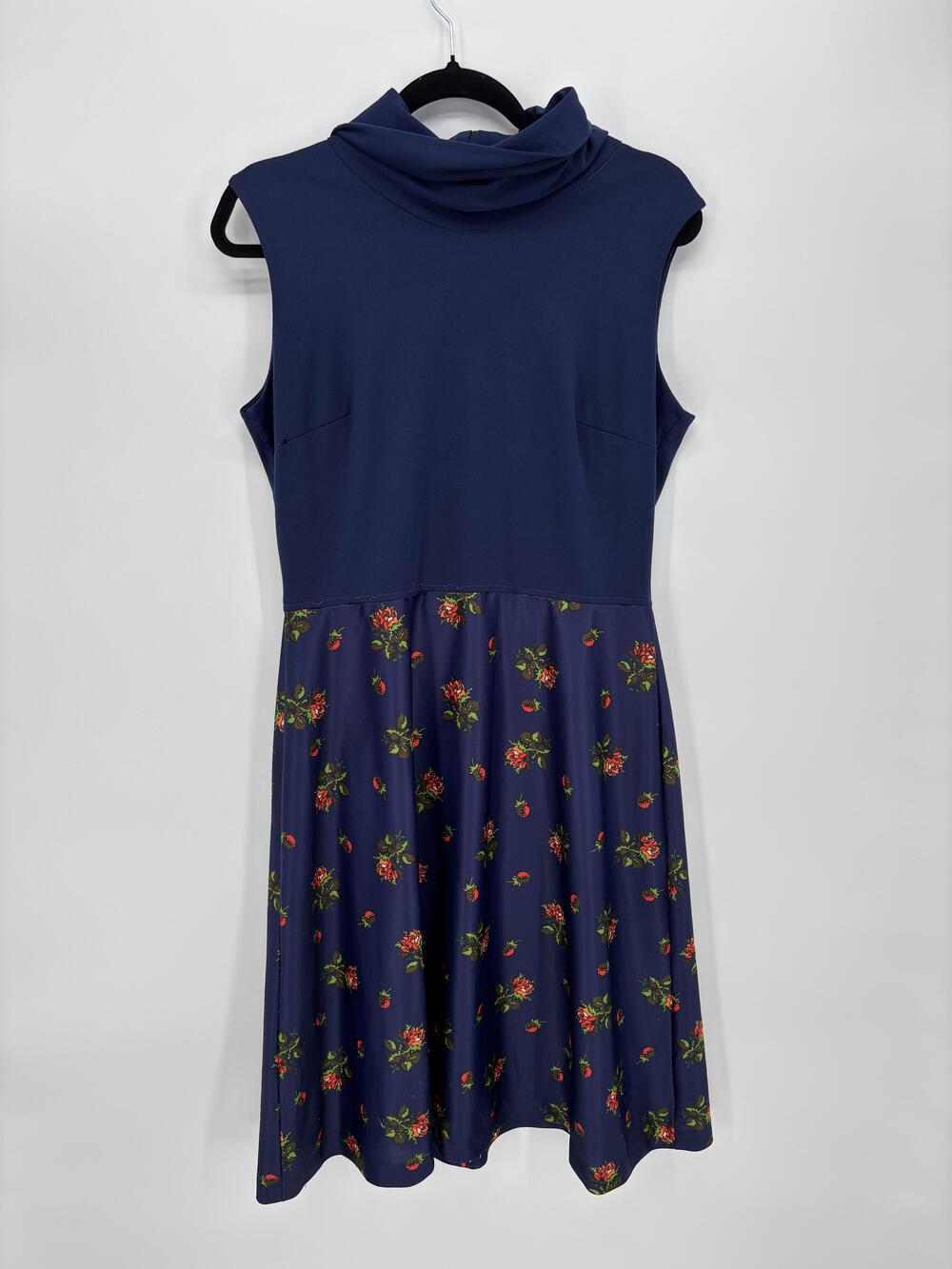 Vintage Dress Womens Medium Blue Floral Cowl Neck Fit & Flare Zip Knee Length